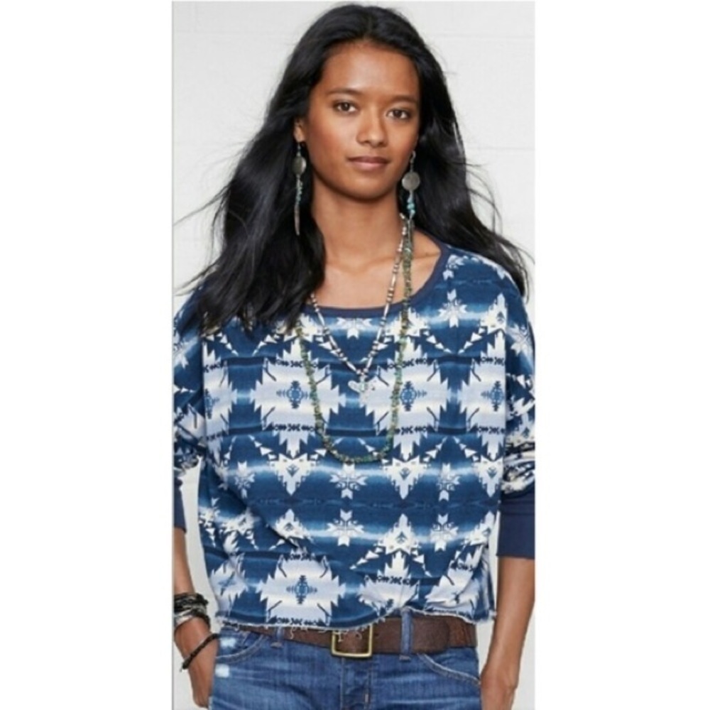 Denim & Supply Ralph Lauren Blue Ivory South West Aztec Crop Sweatshirt EUC XS
